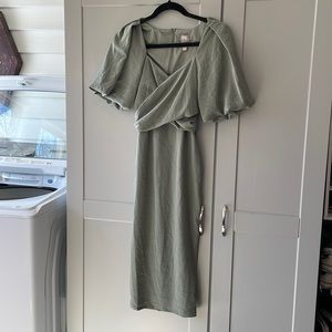 ASOS Sage green puff sleeve faux wrap dress with zipper size 0